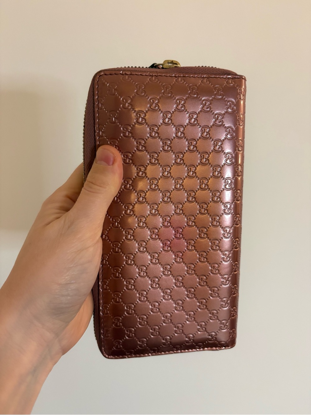 Gucci Metallic Rose-Brown Embossed Monogram Zip Wallet - Picture 1 of 9